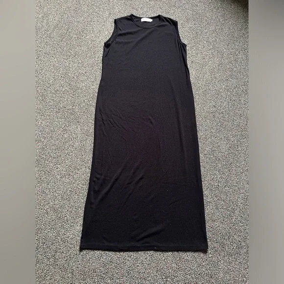 Modest Black Ribbed Stretchy Sleeveless Layering Round High Neck Maxi Midi Dress - Picture 8 of 16